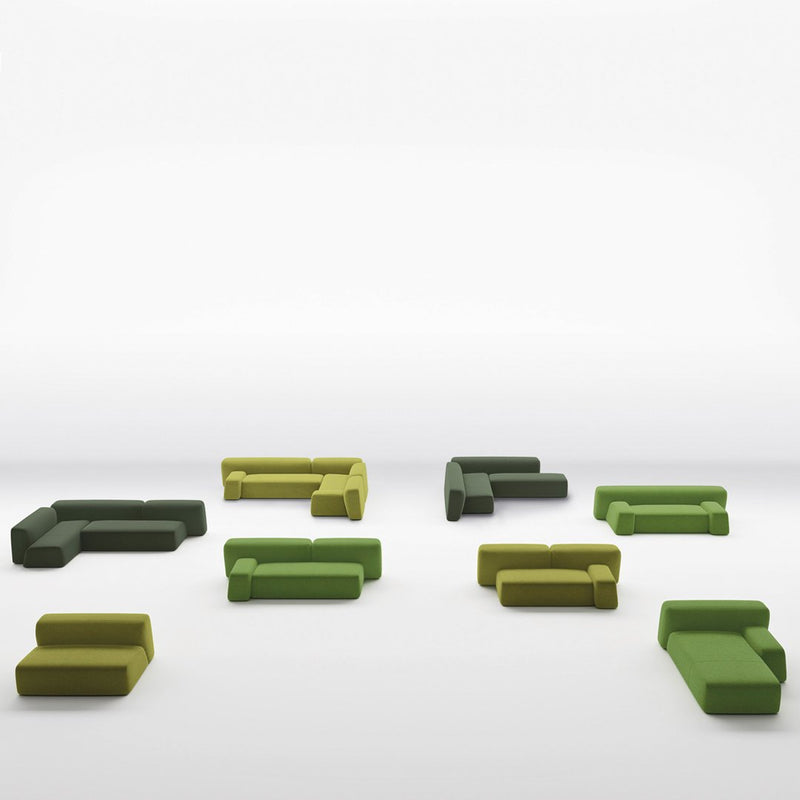 Modular sofas in various shades of green and yellow, featuring minimalist, modern designs.