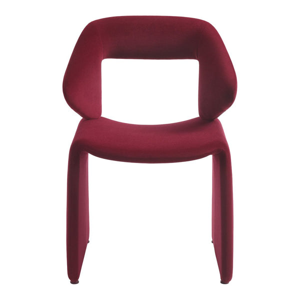 Red upholstered chair with a sleek, modern design and smooth, minimalist contours. Perfect for contemporary decor.