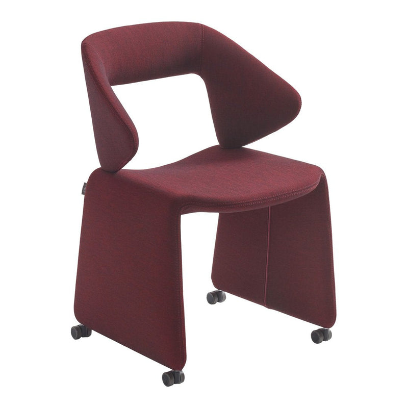 Burgundy upholstered chair with a sleek, modern design and smooth contours, featuring rolling casters for mobility.