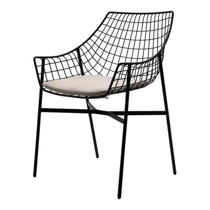 Black wire frame chair with a grid pattern and a cream cushion, perfect for modern decor.