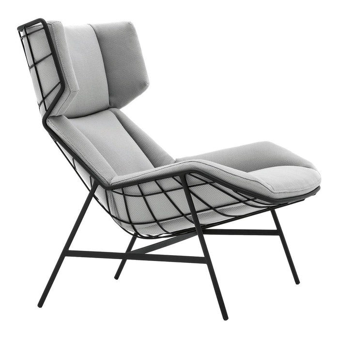 Gray upholstered chair with a geometric black metal frame and minimalistic design, perfect for modern interiors.