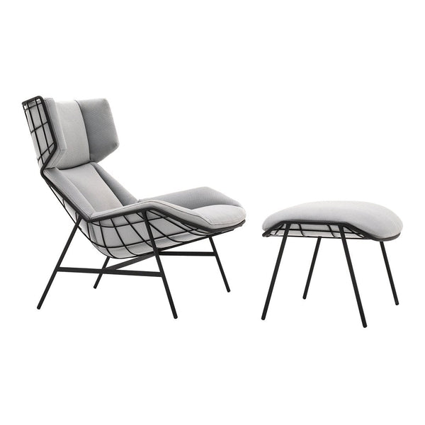Gray and white accent chair with a geometric black wire frame and matching ottoman. Modern minimalist design.