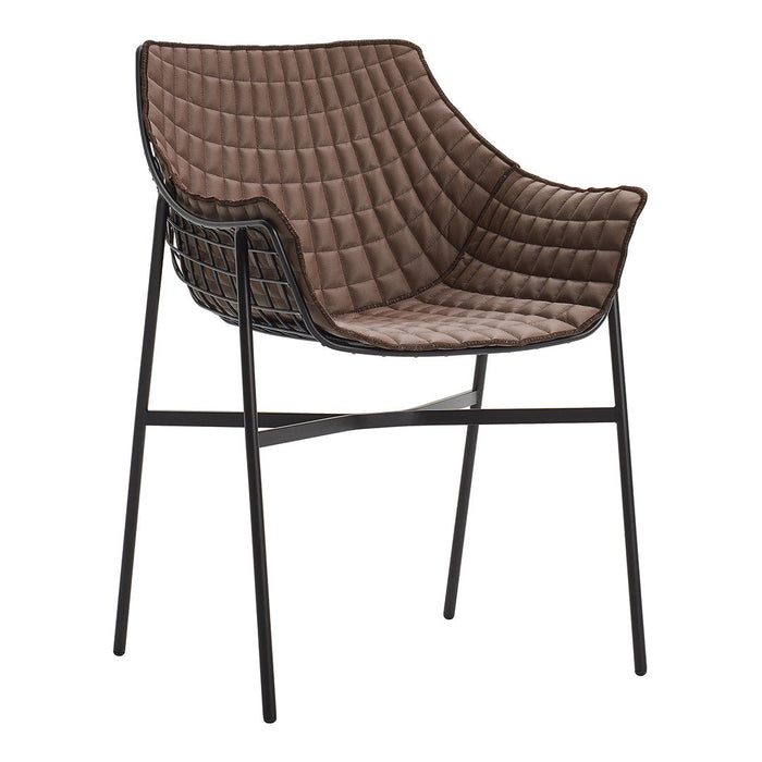 Brown quilted upholstery on a sleek black wire frame chair, offering a modern texture and stylish design.