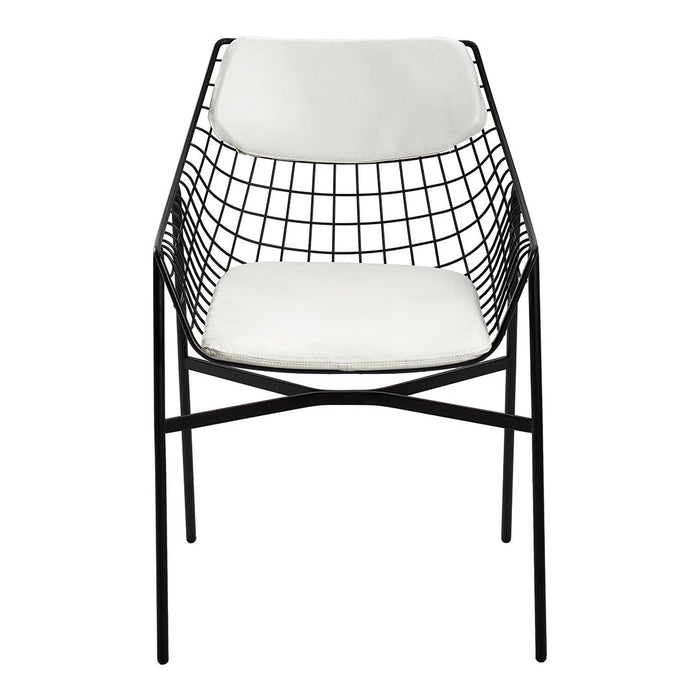 Modern black wire chair with a sleek grid pattern and soft white seat cushion. Perfect for contemporary decor.