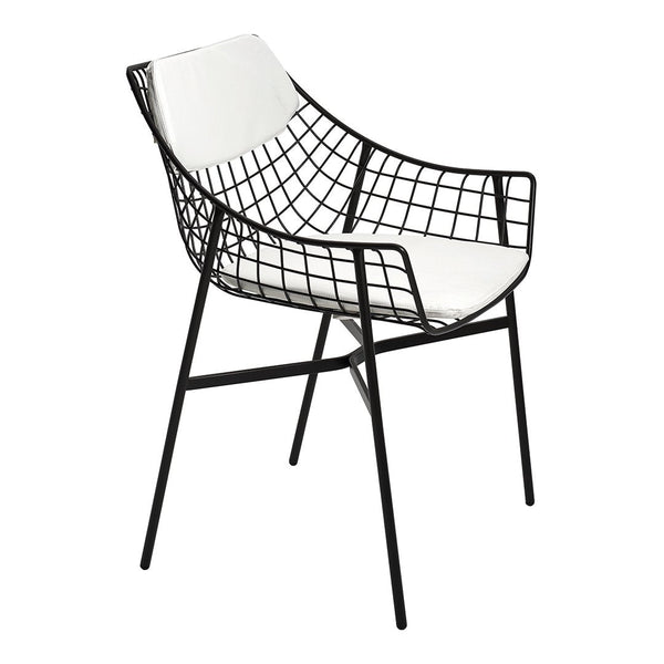 Modern black wire chair with a white cushioned seat and geometric pattern, perfect for stylish decor.