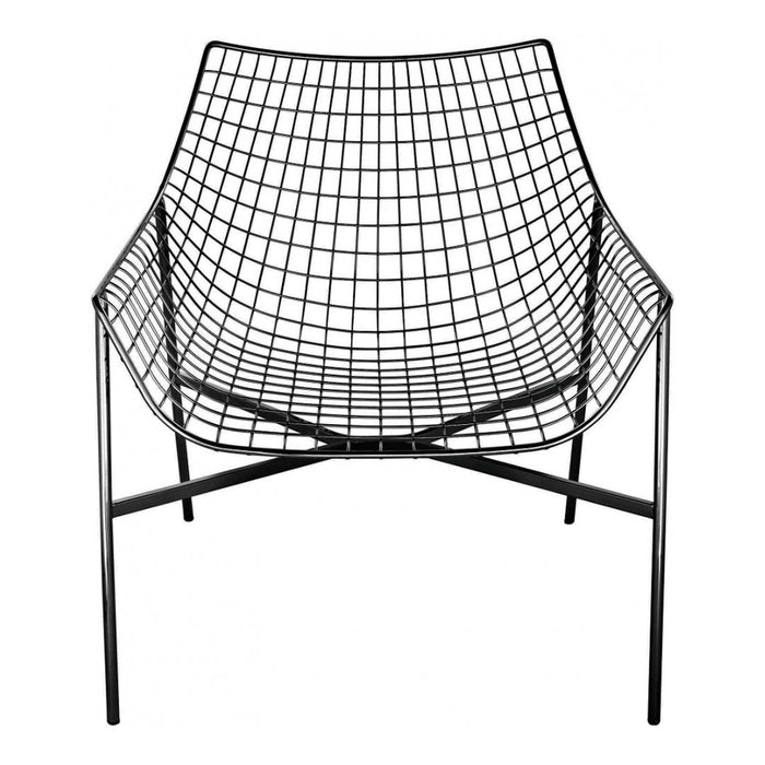 Black wire chair with a geometric grid pattern, featuring a sleek and modern design for contemporary interiors.