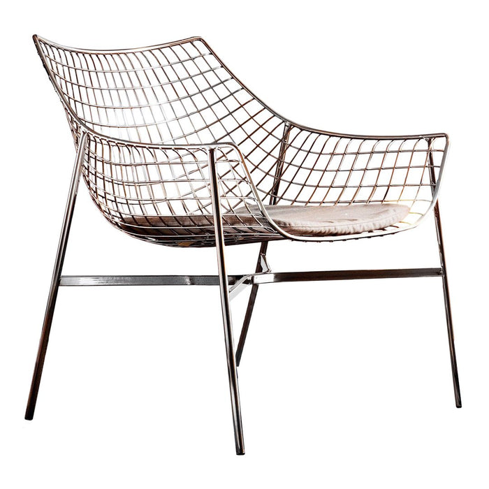 "Modern chrome wire chair with a sleek geometric pattern and minimalist design, ideal for contemporary decor."