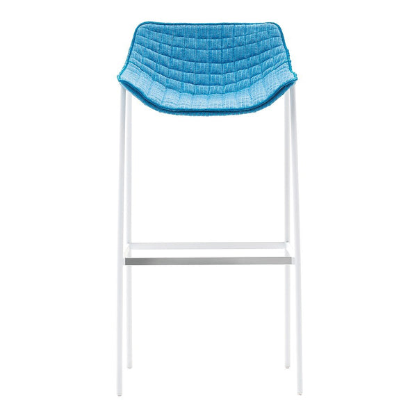 Blue quilted bar stool with a sleek white metal frame, perfect for modern decor.