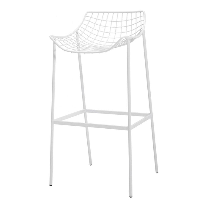 White wire bar stool with an open grid pattern and sleek legs. Ideal for modern decor.