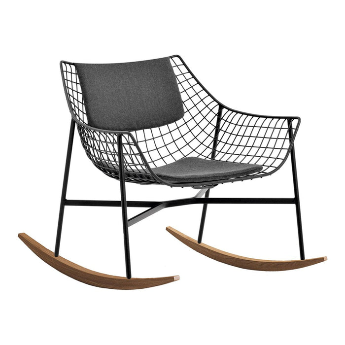Gray upholstered rocking chair with a black wire frame and wooden rockers, featuring a modern, minimalist design.