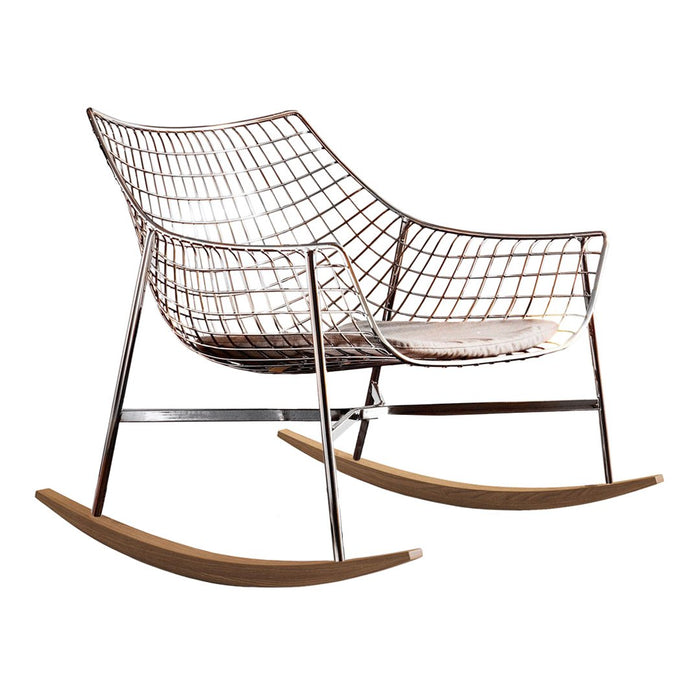 "Modern wire rocking chair in chrome with a natural wood base, featuring a minimalist design and sleek lines."