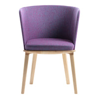 Purple upholstered chair with a textured pattern and light wooden legs. Modern design ideal for contemporary spaces.