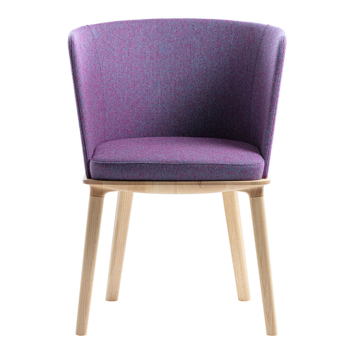Purple upholstered chair with a textured pattern and light wooden legs. Modern design ideal for contemporary spaces.