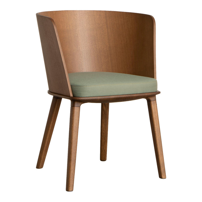 Wooden chair with a curved brown back and light green cushioned seat, featuring a sleek and modern design.