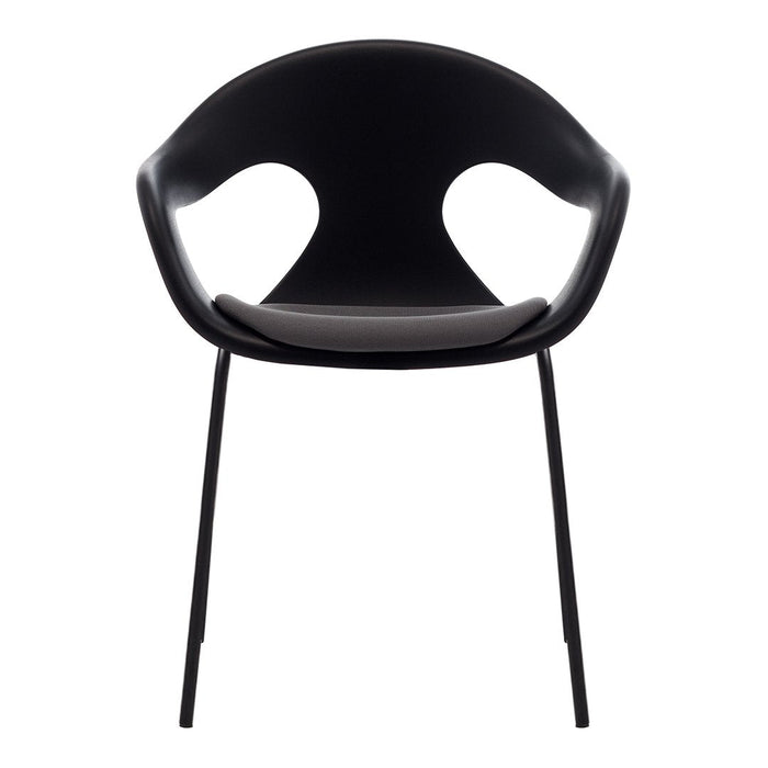 Black modern chair with a smooth, curved design and minimalist style, featuring a clean, matte finish.