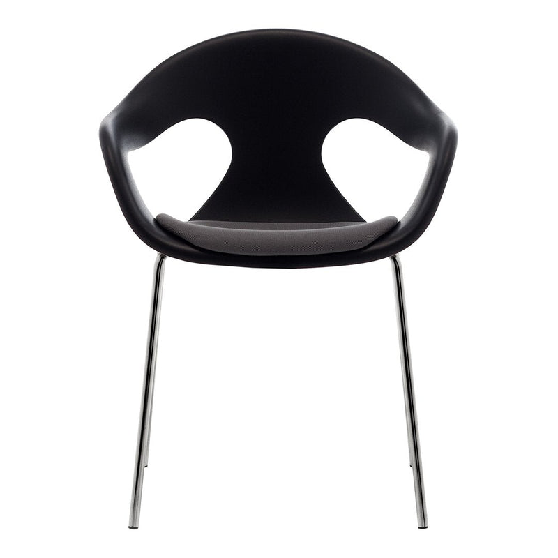 Sleek black chair with a modern, curved design and chrome legs, perfect for contemporary spaces.