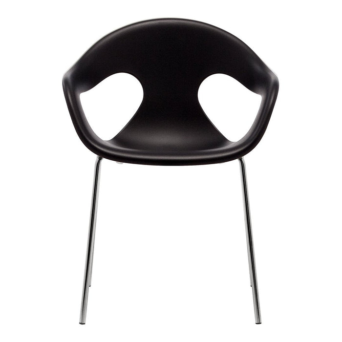 Black modern chair with smooth curves and metal legs, featuring a minimalist design and sleek, contemporary style.