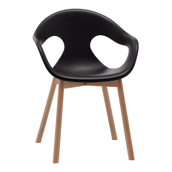 Black modern chair with unique cutout pattern and natural wood legs, perfect for contemporary decor.