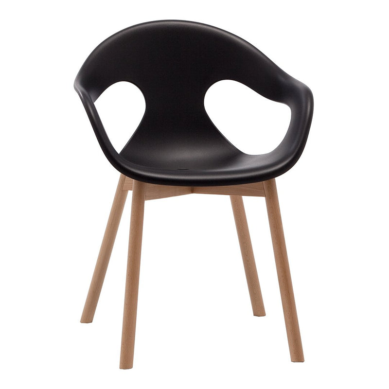 Black modern chair with unique cutout pattern and natural wood legs, perfect for contemporary decor.