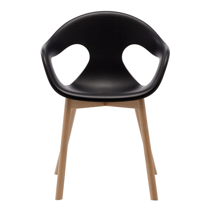 Black ergonomic chair with a minimalist design and natural wood legs, perfect for modern interiors.