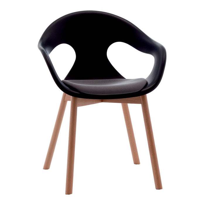 Black molded chair with wood legs, featuring a smooth, modern design and organic curves. Perfect for contemporary spaces.
