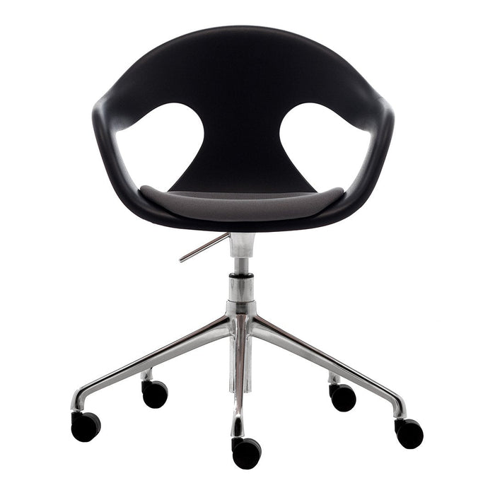 Modern black swivel chair with smooth curves and a sleek chrome base, perfect for stylish office decor.