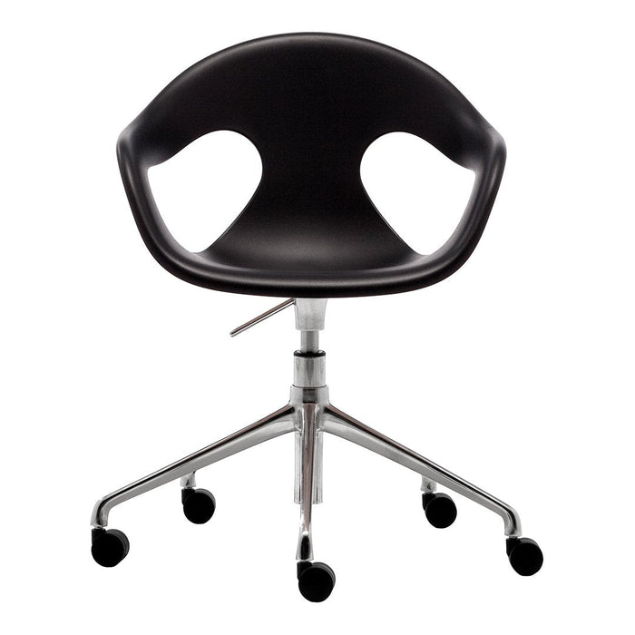 Black ergonomic chair with a sleek chrome base and wheels, featuring a minimalist design without patterns.
