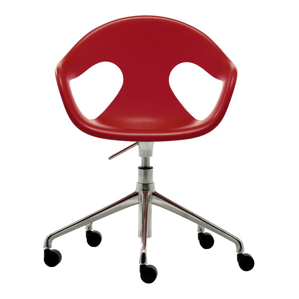 Red swivel chair with a unique curved backrest and shiny chrome base, designed for modern workspaces.