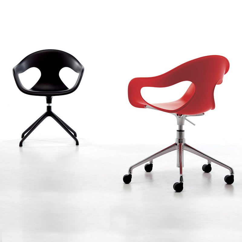 Black and red modern swivel chairs with sleek, minimalist designs against a white background.