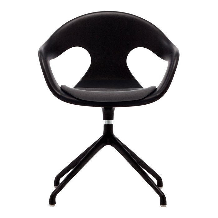 Black ergonomic chair with a smooth, curved design and four elegant legs, showcasing a modern minimalist aesthetic.