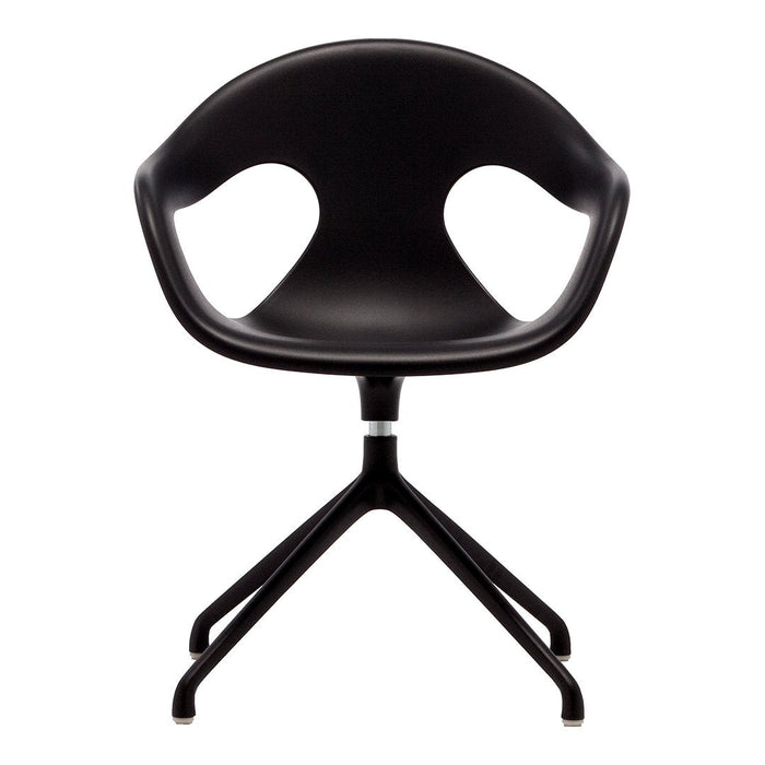 Black ergonomic chair with a sleek, modern design and a matte finish, featuring a unique cut-out back pattern.