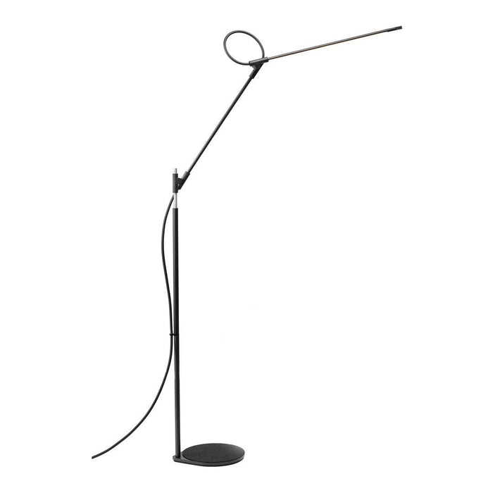 Sleek black floor lamp with a minimalist design, featuring a circular accent and a slender, elegant silhouette.