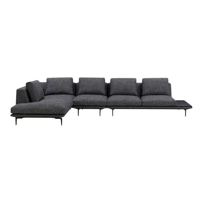 Modern dark gray sectional sofa with a textured fabric pattern and sleek metal legs. Perfect for contemporary living rooms.