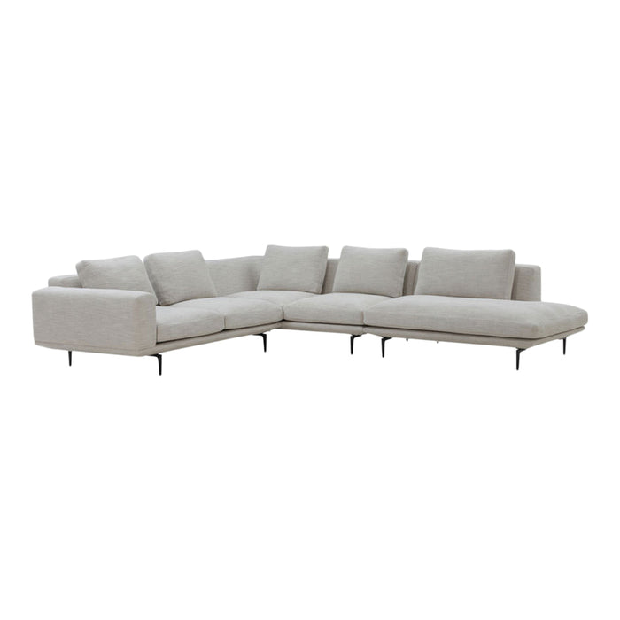 Stylish light gray sectional sofa with contemporary design and clean lines, featuring plush cushions for comfort.