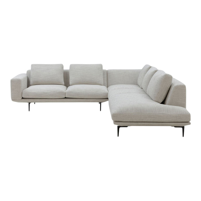 Light gray sectional sofa with a modern design and soft fabric upholstery, featuring clean lines and minimalist style.