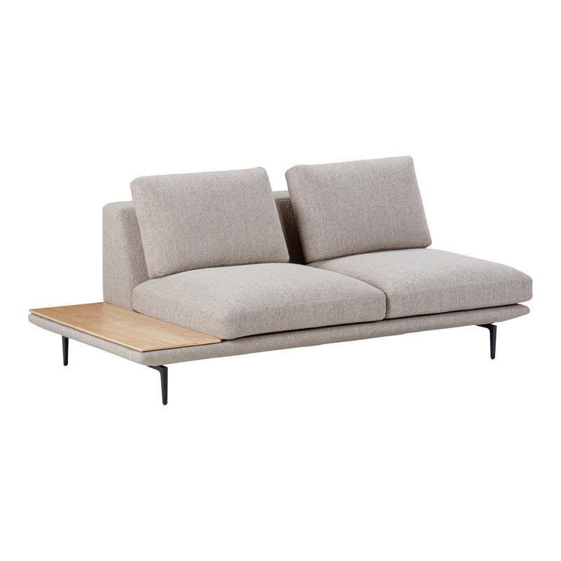 Light grey fabric couch with simple lines and a natural wood accent table. Modern, minimalist design perfect for any space.