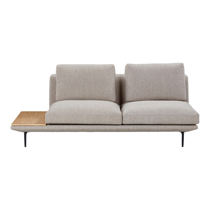 Light grey sofa with smooth texture and natural wooden armrest. Minimalistic design perfect for modern living spaces.
