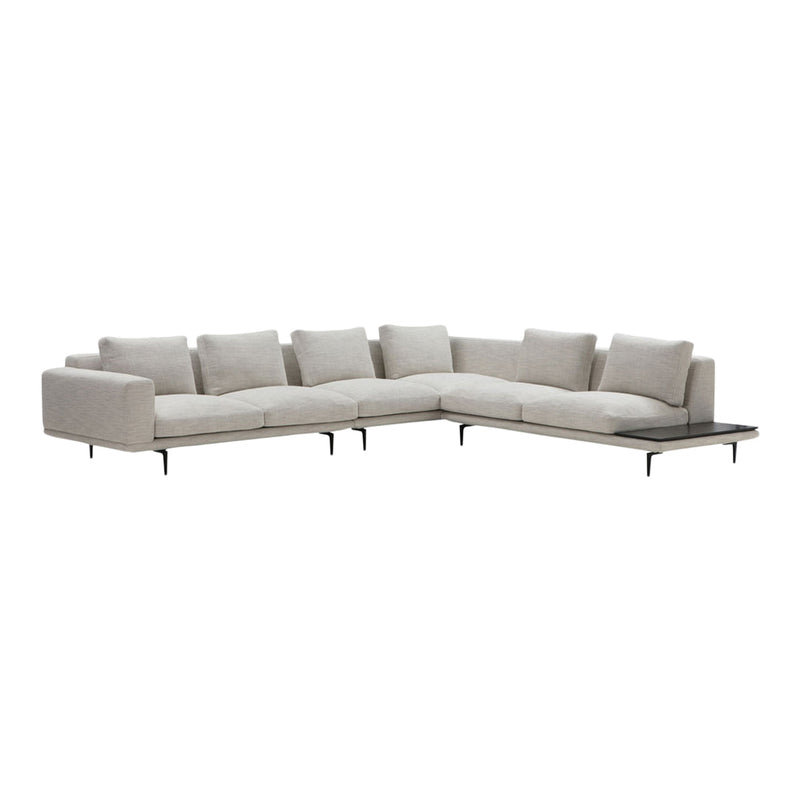 Light gray sectional sofa with a modern design and subtle texture, featuring cushioned seats and sleek metal legs.