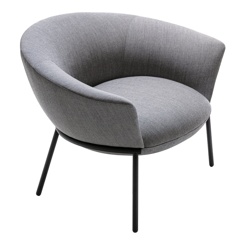 Gray fabric chair with a rounded design and black metal legs, offering a modern and minimalist style.