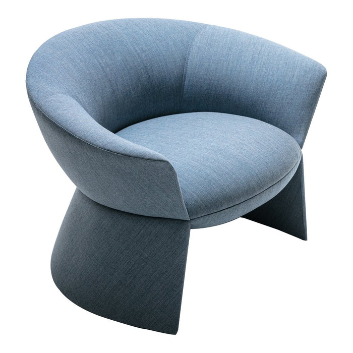 Blue curved accent chair in a soft, textured fabric, featuring a minimalist design and modern silhouette.