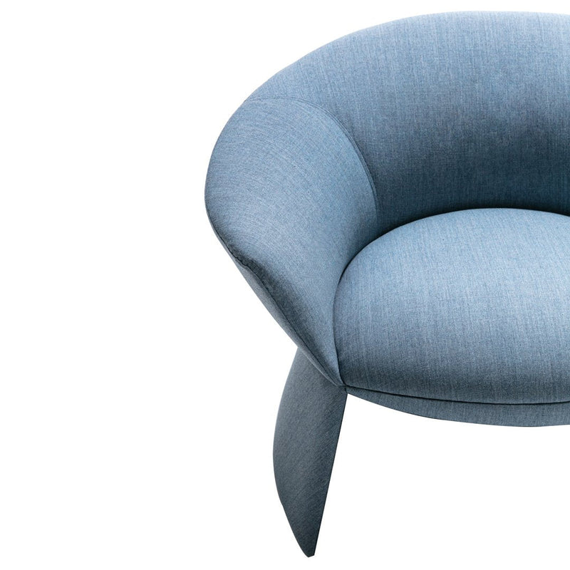 Light blue upholstered chair with a smooth, textured finish and elegant curved design. Perfect for modern decor.