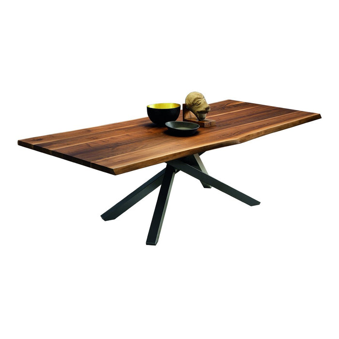 Wooden tabletop with a rich natural finish, featuring dark metal legs and simple, modern design elements.