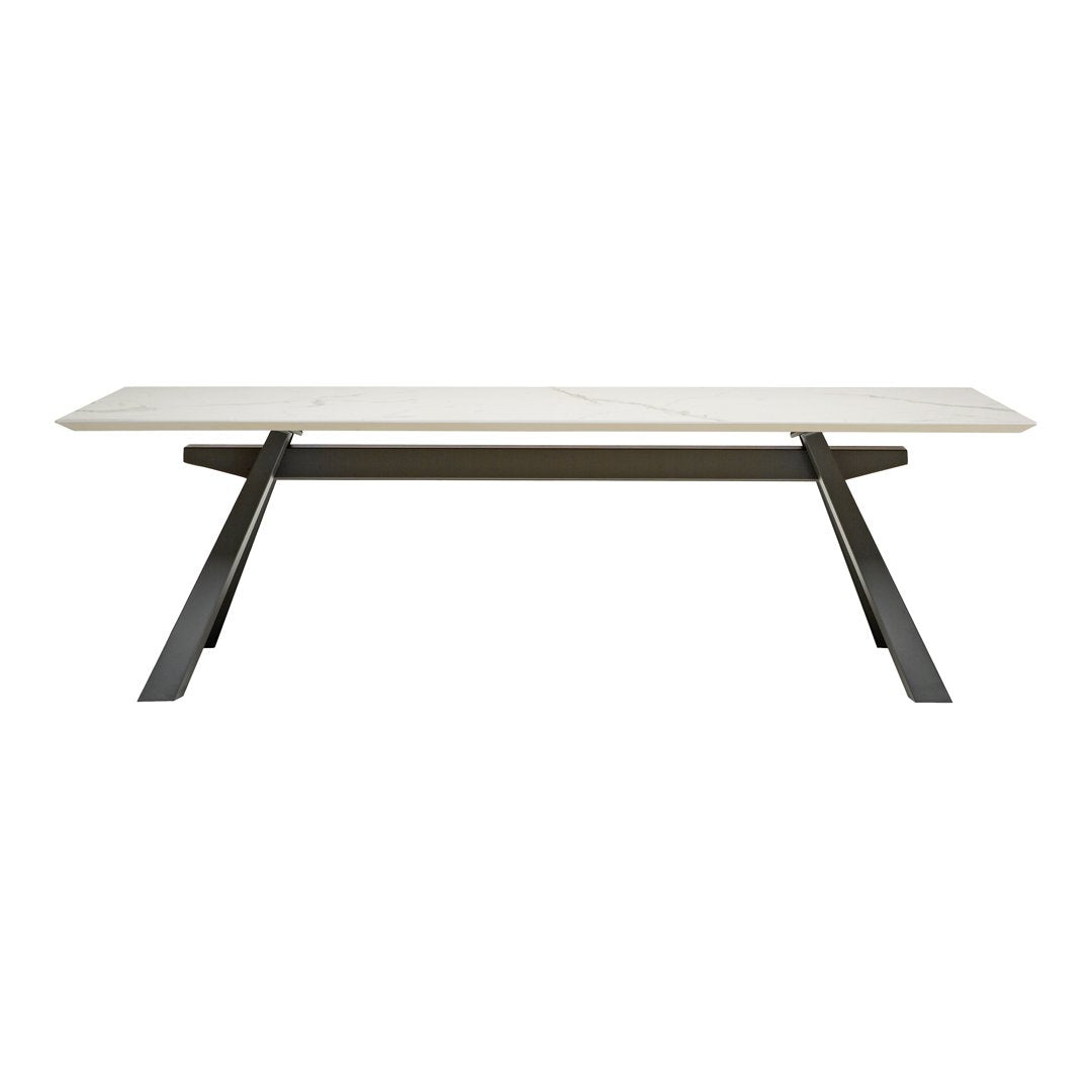 White tabletop with a smooth finish, supported by a black metal frame, showcasing a modern and minimalist design.