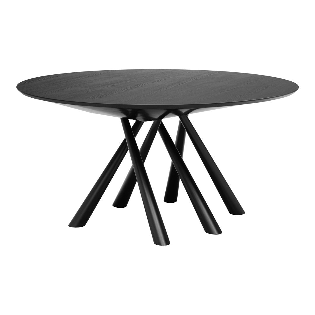 Round black table with a smooth surface and sleek, angular black legs, perfect for modern decor.