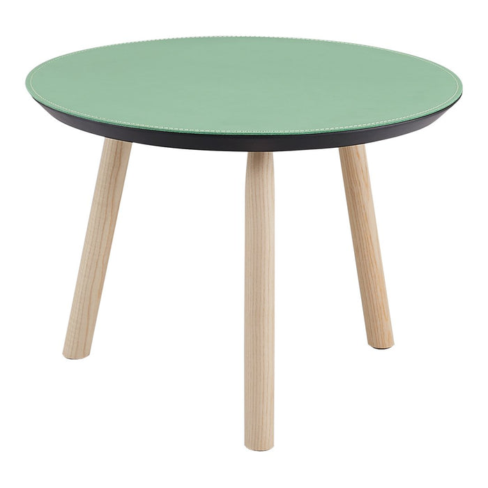 Round table with a soft mint green surface and natural wooden legs, featuring a sleek black border.