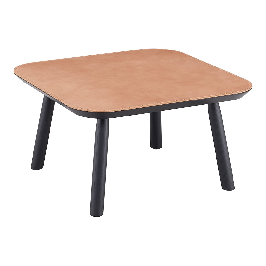 Square coffee table featuring a warm tan top with a smooth finish and sleek black legs, perfect for modern decor.