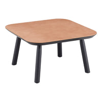Square coffee table featuring a warm tan top with a smooth finish and sleek black legs, perfect for modern decor.