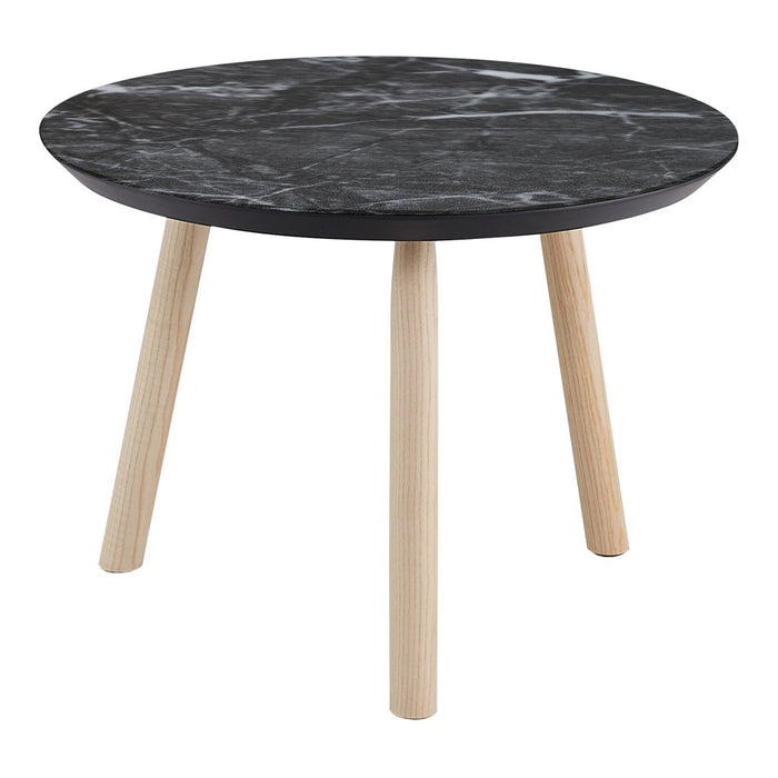 Round black marble table with a sleek surface and light wooden legs, featuring elegant patterns and a modern design.