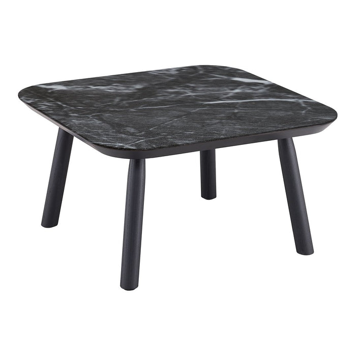 Square coffee table with a black marble top and sleek black legs featuring subtle white veining patterns.