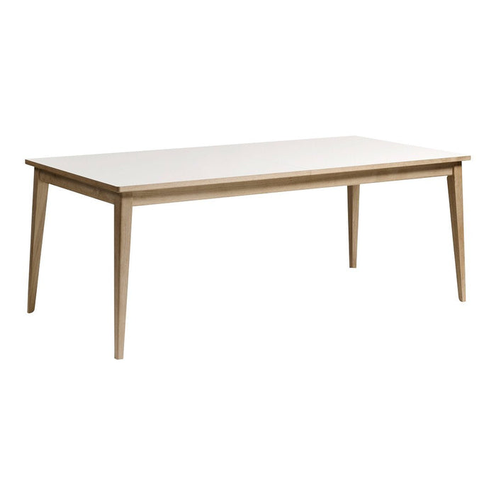 Modern rectangular table with a white top and natural wood legs, featuring a sleek, minimalist design.